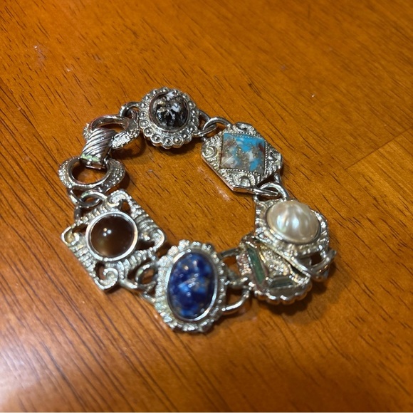 VINTAGE Sarah Coventry Silver Tone Faux Gemstone Cabochon Panel Bracelet - Picture 1 of 7